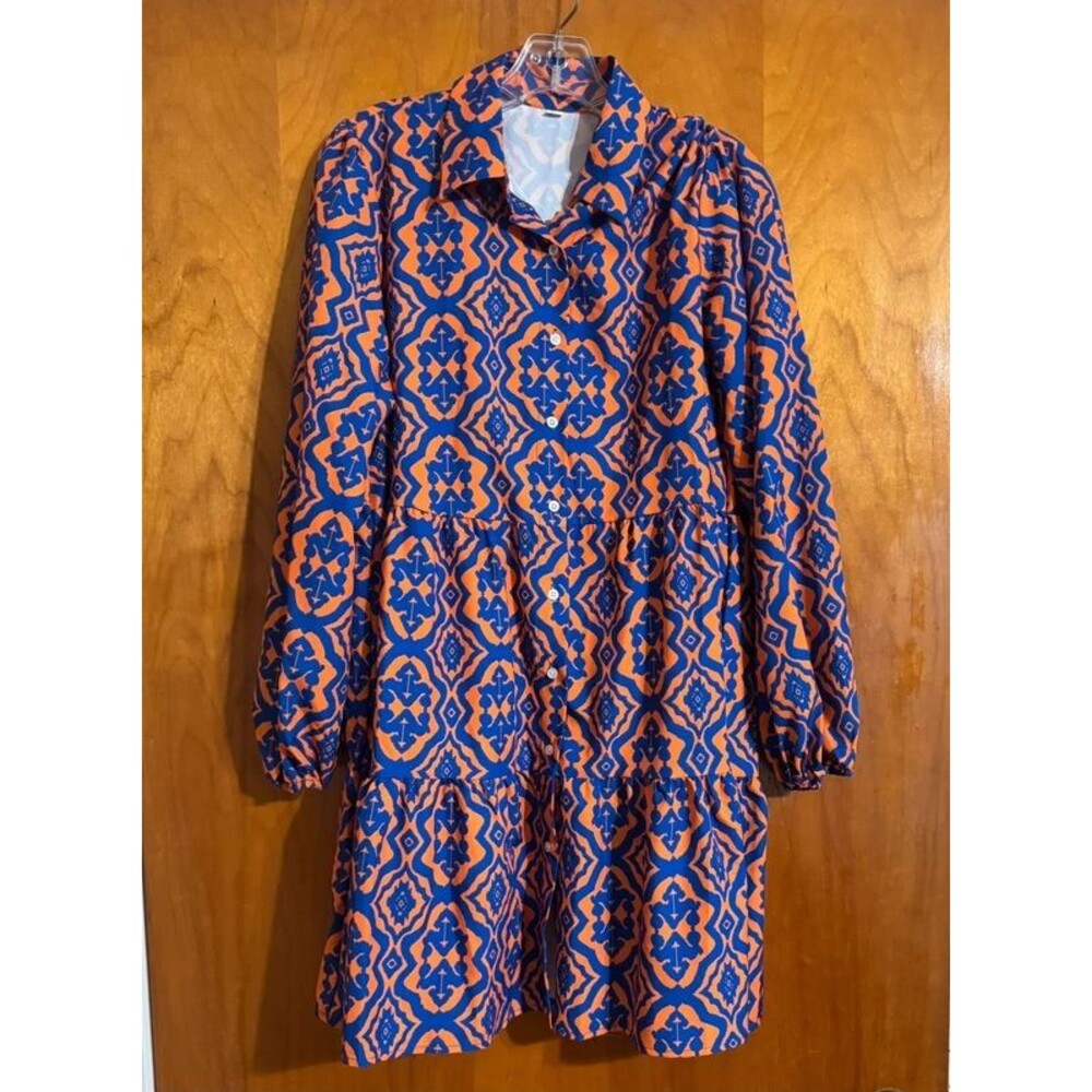 Boutique Orange and Blue Long Sleeve Dress Size L Excellent Condition